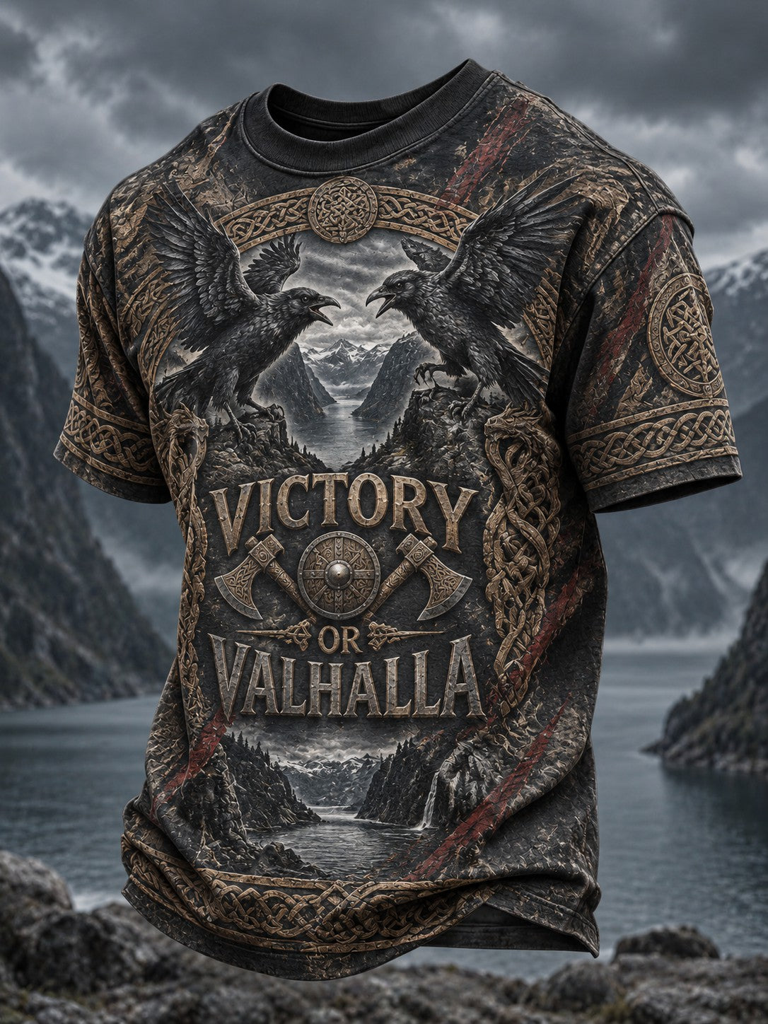 Miesten viikinkivoitto- tai Valhalla-kuvioitu t-paita