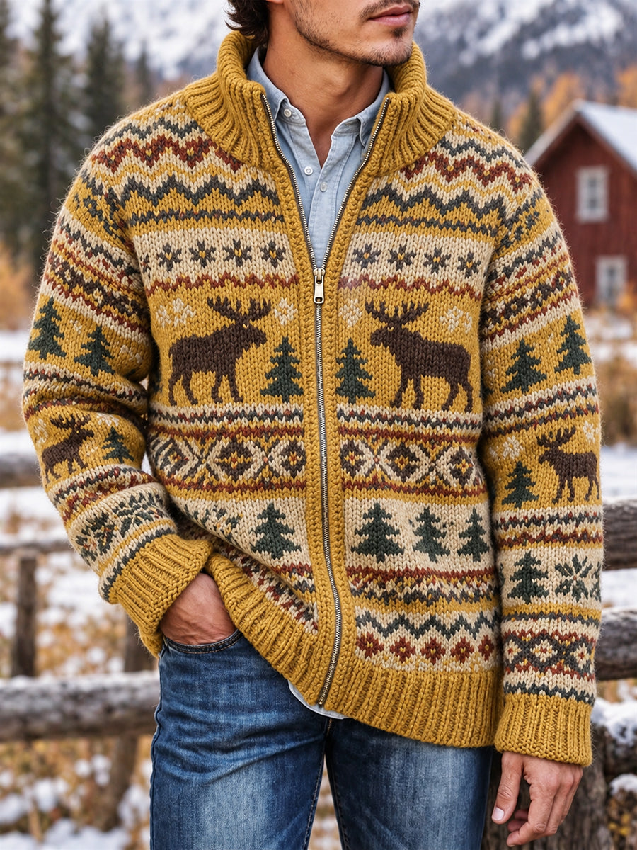 Miesten Vintage Vintage Moose Isle Tulosta Zip-Up Knit takki