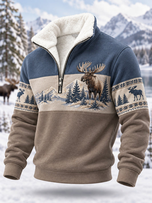 Miesten talvi Moose Tulosta Casual pulsh vetoketju pulloveri