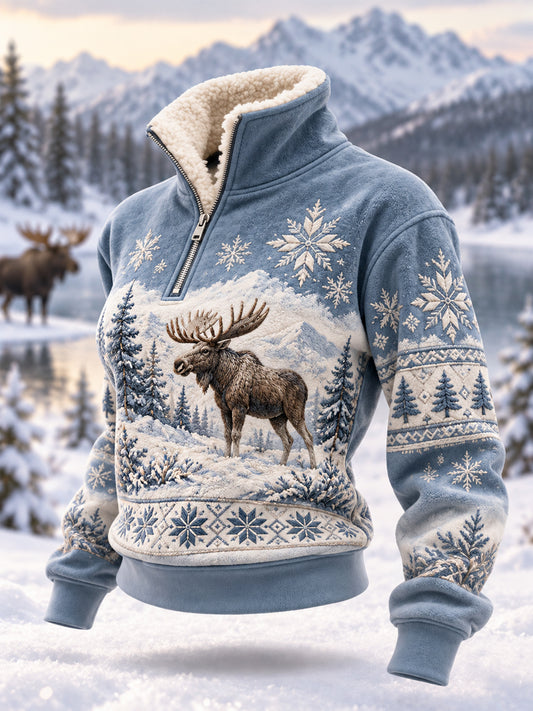 Naisten talvi Moose Print Casual Plush vetoketju pulloveri