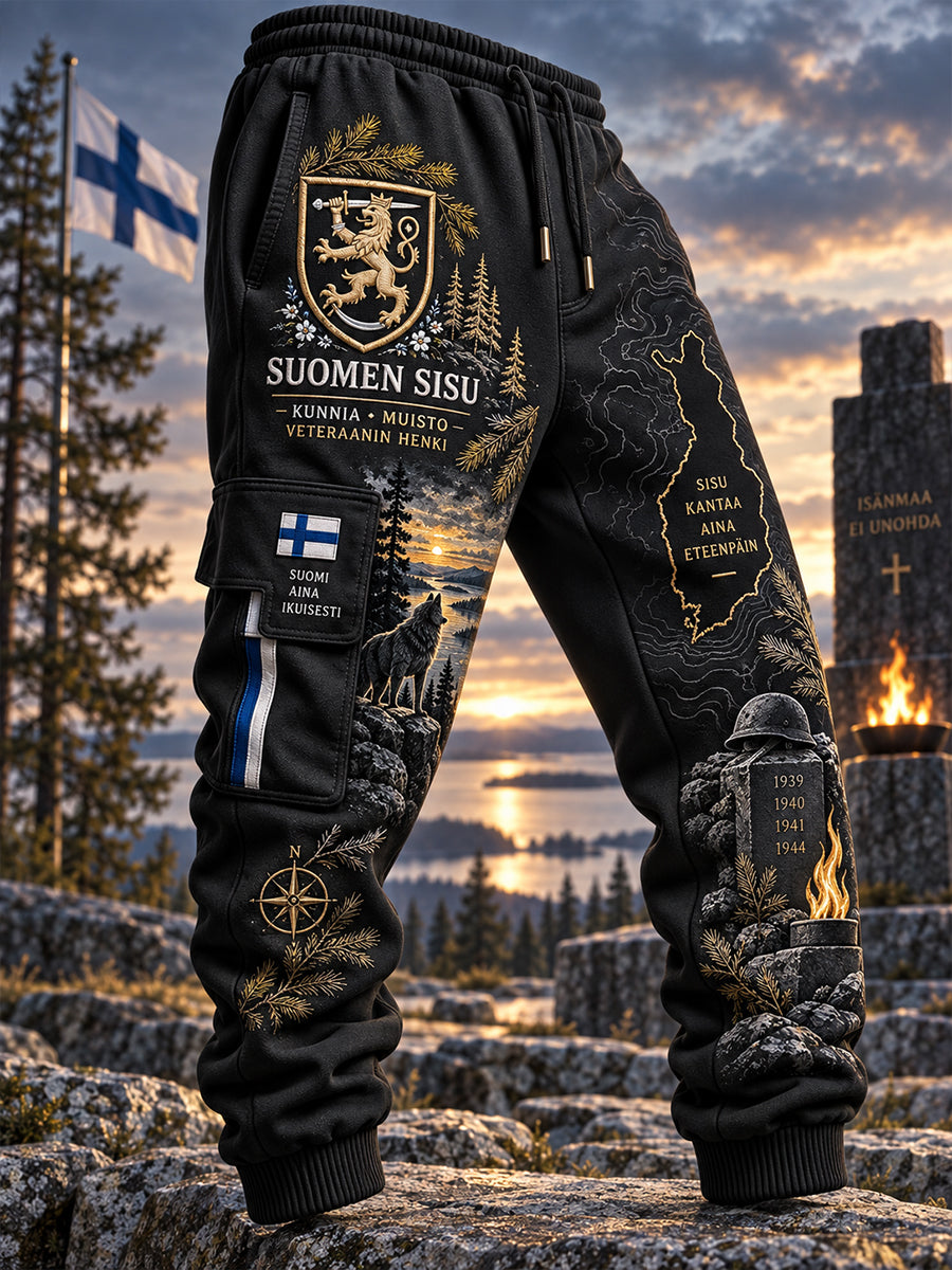 Miesten Vintage-tyylinen lastihousut "Sisu" Veteran-teema grafiikka tulosta