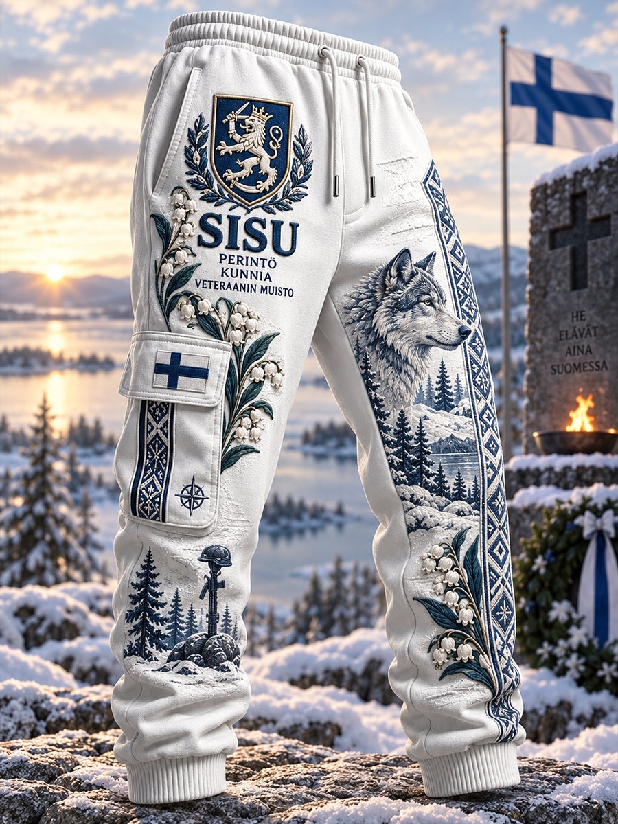Miesten vintage-henkiset rinkalaput housut, joissa "Sisu"-veteraaniteemainen graafinen painokuviointi