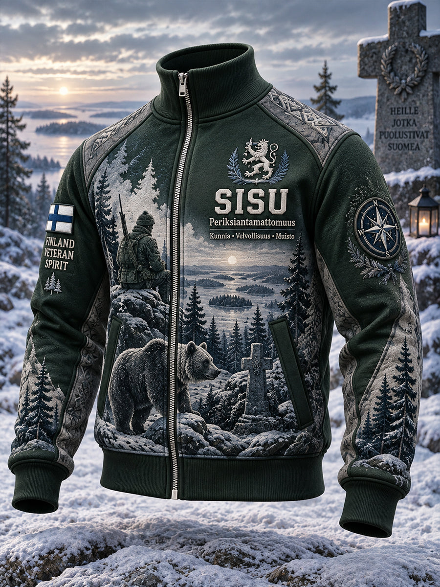 Miesten Vintage-tyylinen Zip-Up-takki "Sisu" Veteran-teema-grafiikka tulosta