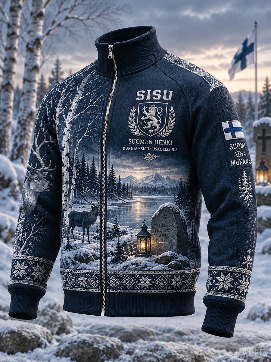 Miesten vintage-tyylinen vetoketjutakki, jossa on "Sisu"-aiheinen veteraaniteemainen graafinen painatus