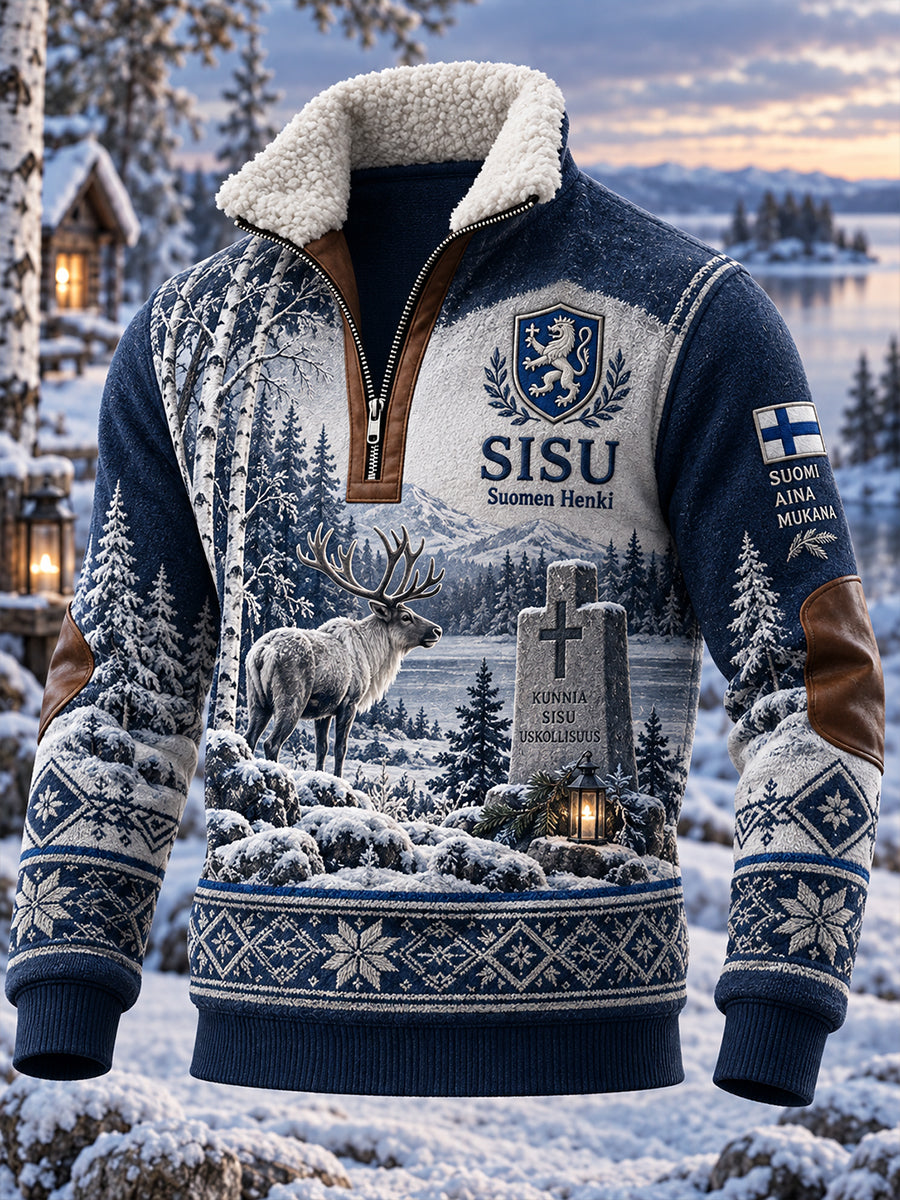 Miesten vintage-tyylinen "Sisu"-sotaveteraaniteemainen graafinen vetoketjullinen mock neck -paita