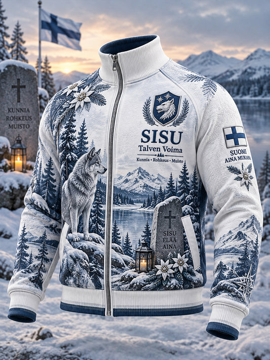 Miesten vintage-tyylinen vetoketjutakki, jossa on "Sisu"-aiheinen veteraaniteemainen graafinen painatus