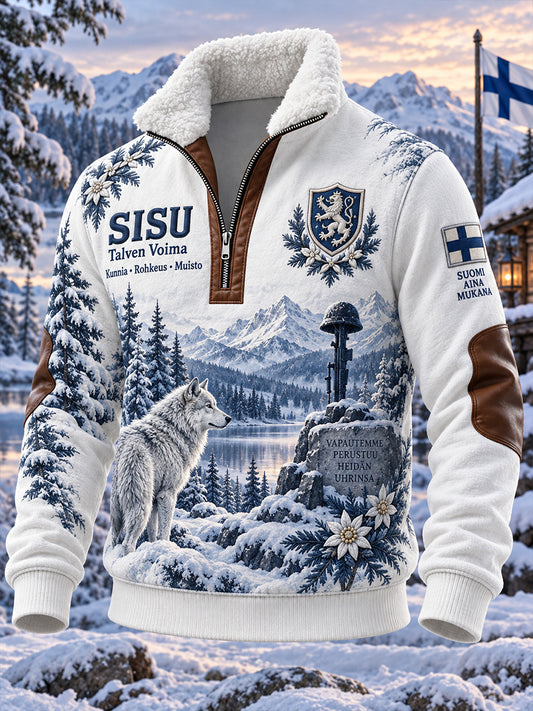 Miesten Vintage-styyli "Sisu" Veteran-teema grafiikka zip-Up Mock kaula yli