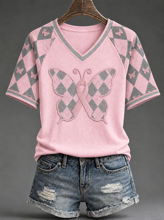 Naisten vaaleanpunainen preppy-tyylinen argyle-mallinen vapaa-ajan t-paita