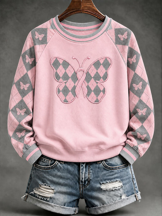 Naisten vaaleanpunainen Preppy-Style Argyle Casual Raglan Sweatshirt