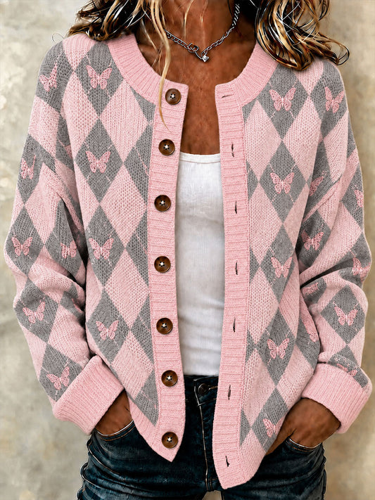 Naisten vaaleanpunainen Preppy-tyylinen Argyle Casual Cardigan-tyylinen neulokset