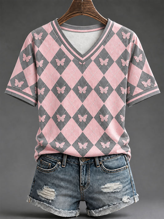 Naisten vaaleanpunainen Preppy-tyylinen Argyle Casual T-paita
