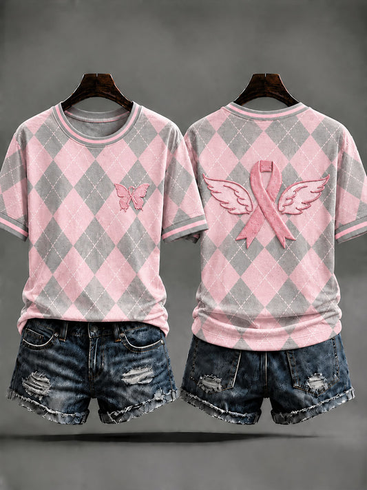 Naisten vaaleanpunainen preppy-tyylinen argyle-mallinen vapaa-ajan t-paita