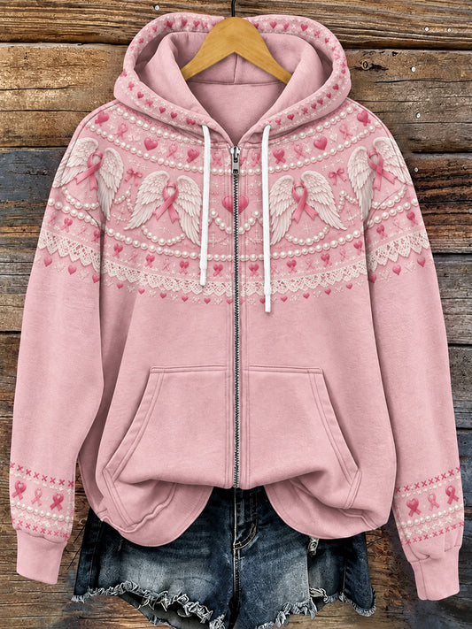 Naisten Vintage vaaleanpunainen siivet Tulosta Viihtyisä Zip-Up Hoodie.