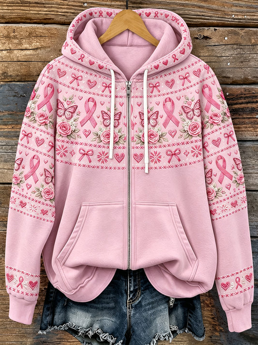 Naisten Vintage vaaleanpunainen nauha kukka tulosta Cozy Zip-Up Hoodie.