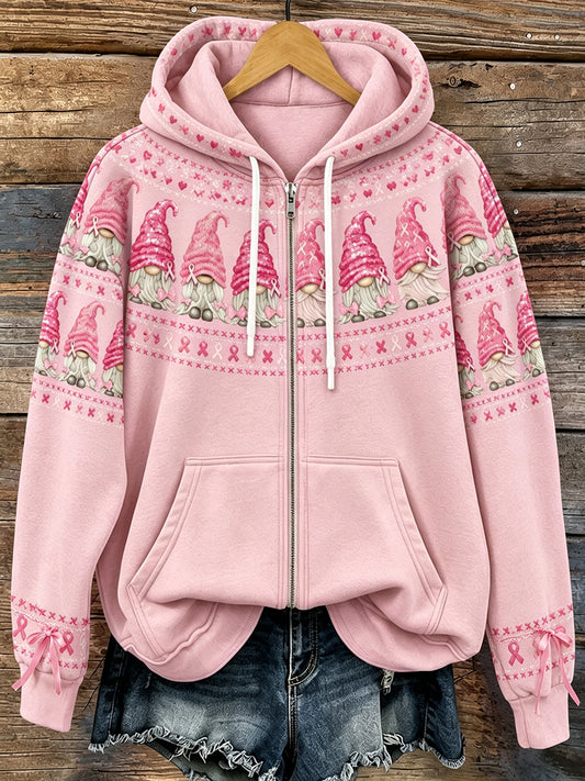 Naisten Vintage Pink Ribbon Gnomes Tulosta Viihtyisä Zip-Up Hoodie.