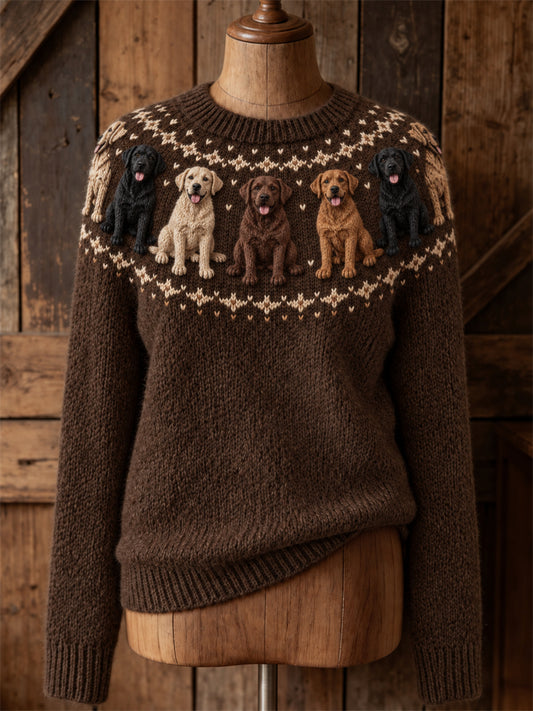 Naisten Vintage Labrador Dogs Yoke Isle Print Cozy miehistö kaula villapaiden