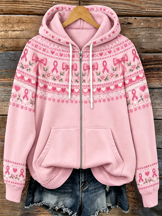 Naisten Vintage vaaleanpunainen nauha tulosta Viihtyisä Zip-Up Hoodie.