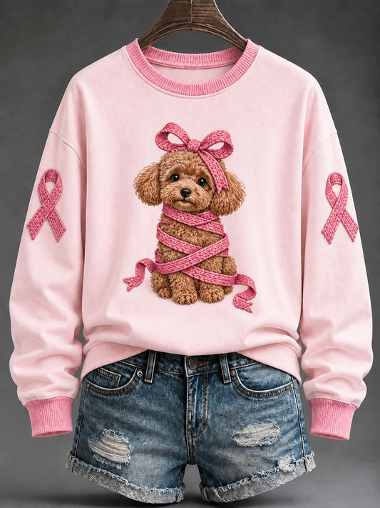 Naisten vaaleanpunainen nauha Poodle Print Casual Säännöllinen Sweatshirt