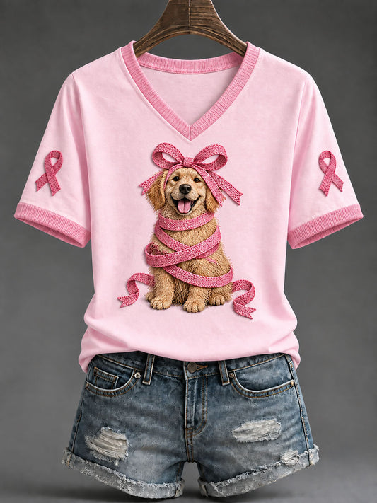 Naisten vaaleanpunainen nauha kultainen retriever Print Casual T-paita