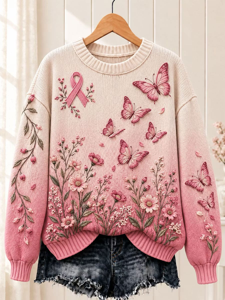 Naisten rintasyöpä vaaleanpunainen perhonen miehistö kaula Sweater.