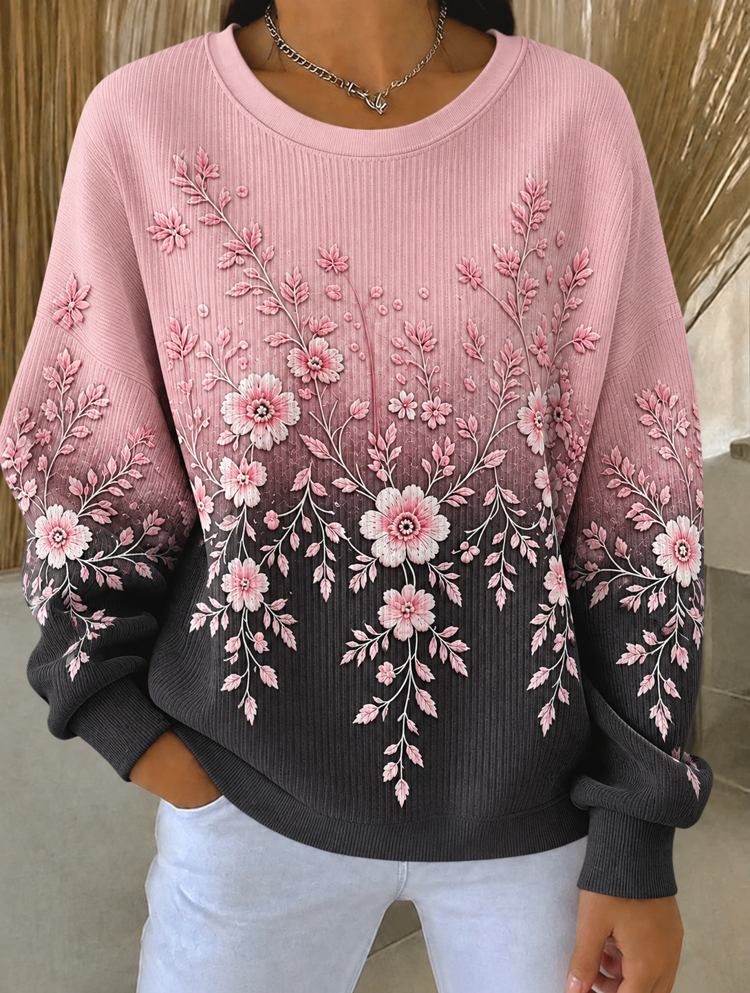 Naisten rintasyöpä Ribbed pyöreä kaula Sweatshirt