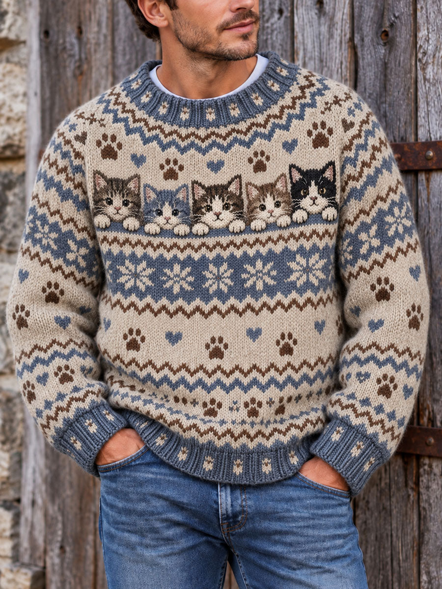 Miesten vintage-kissakuviollinen Fair Isle -neulepaita