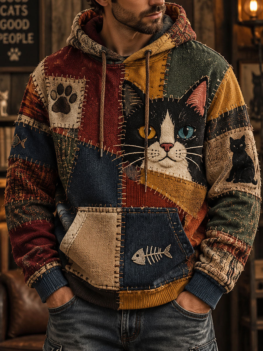 Miesten Vintage Patchwork Cat Hoodie Cat Huu