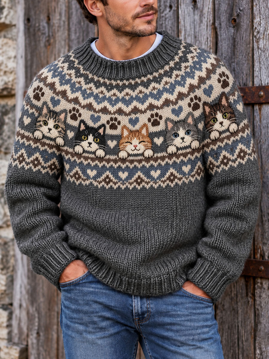 Miesten vintage-kissakuviollinen Fair Isle -neulepaita