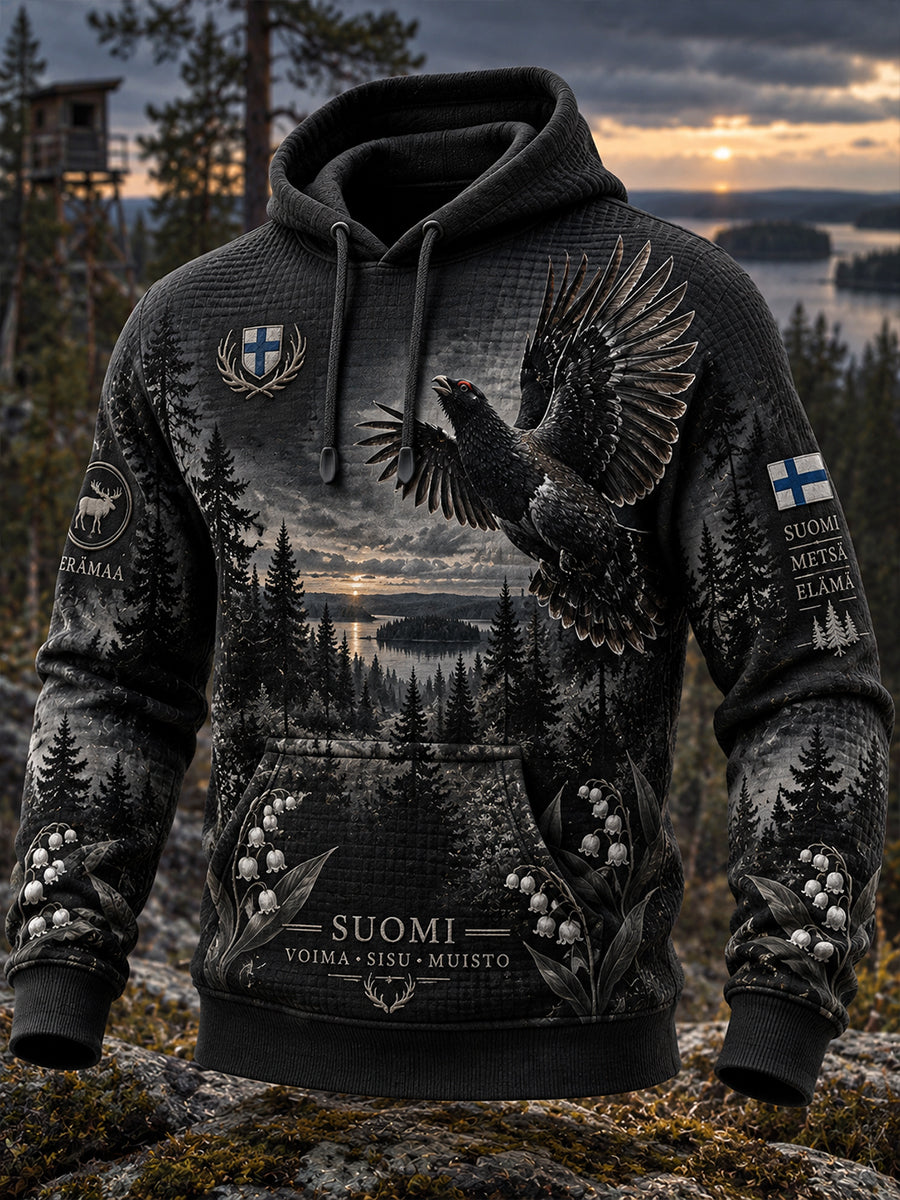 Miesten metsästysteemainen kuviollinen vohvelineulos pitkähihainen huppari