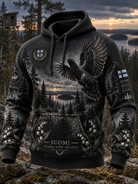 Miesten metsästysteemainen kuviollinen vohvelineulos pitkähihainen huppari
