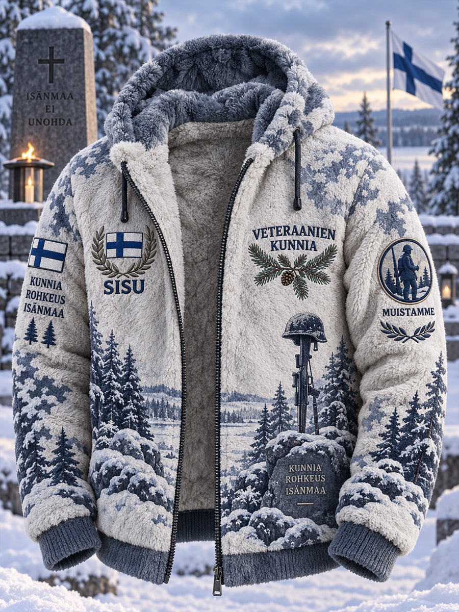 Miesten "Veteran Sisu" -kuvioitu pitkähihainen hupullinen flanellitakki