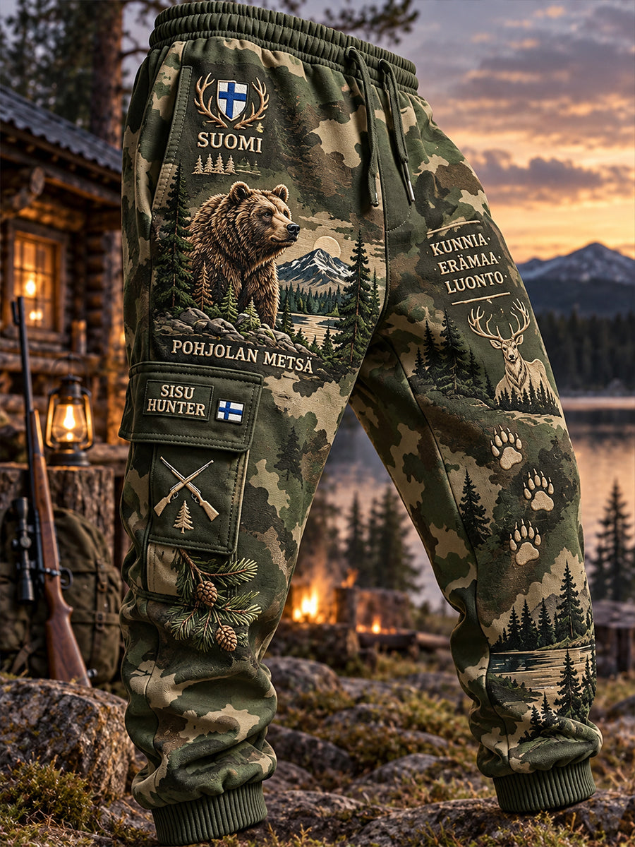 Miesten pitkät rahtihousut metsästys-teemat grafiikka tulosta