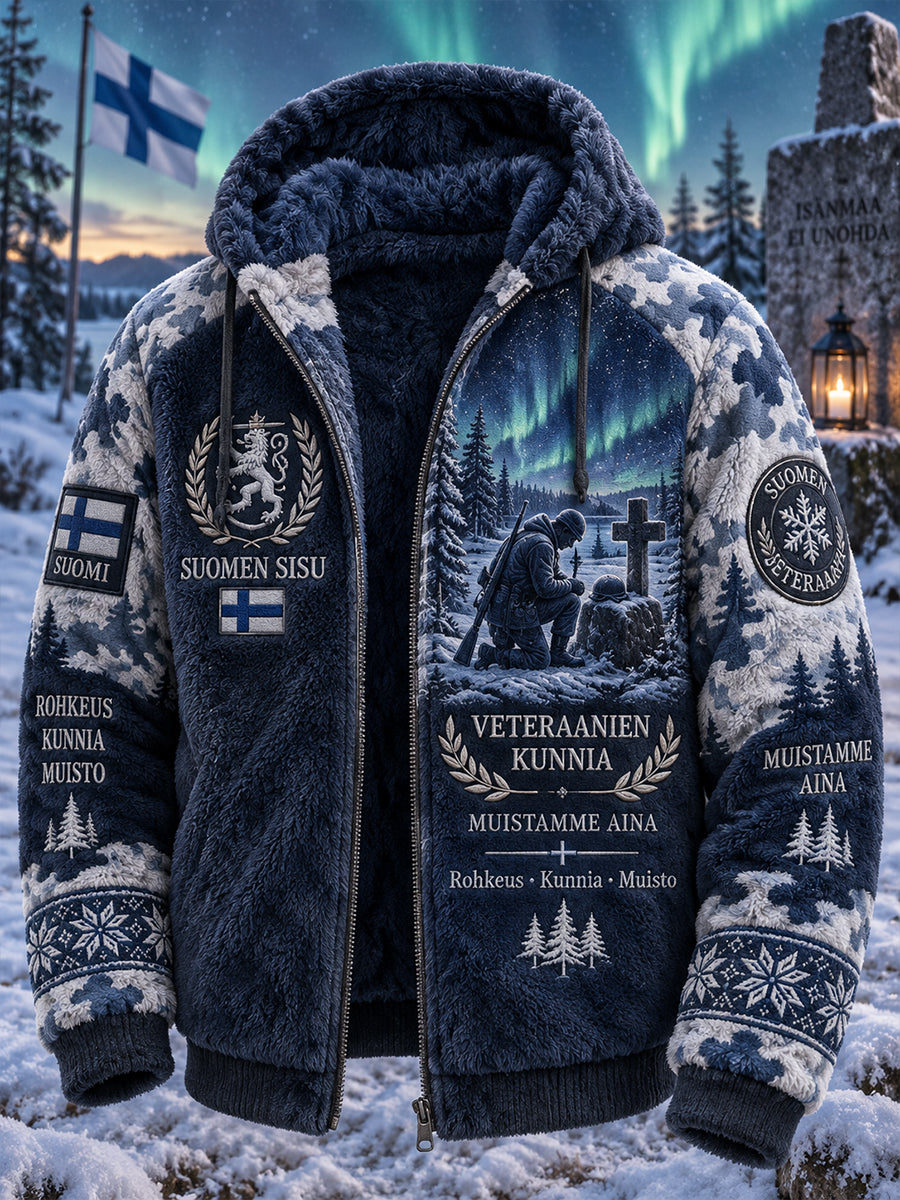 Miesten "Veteran Sisu" -kuvioitu pitkähihainen hupullinen flanellitakki