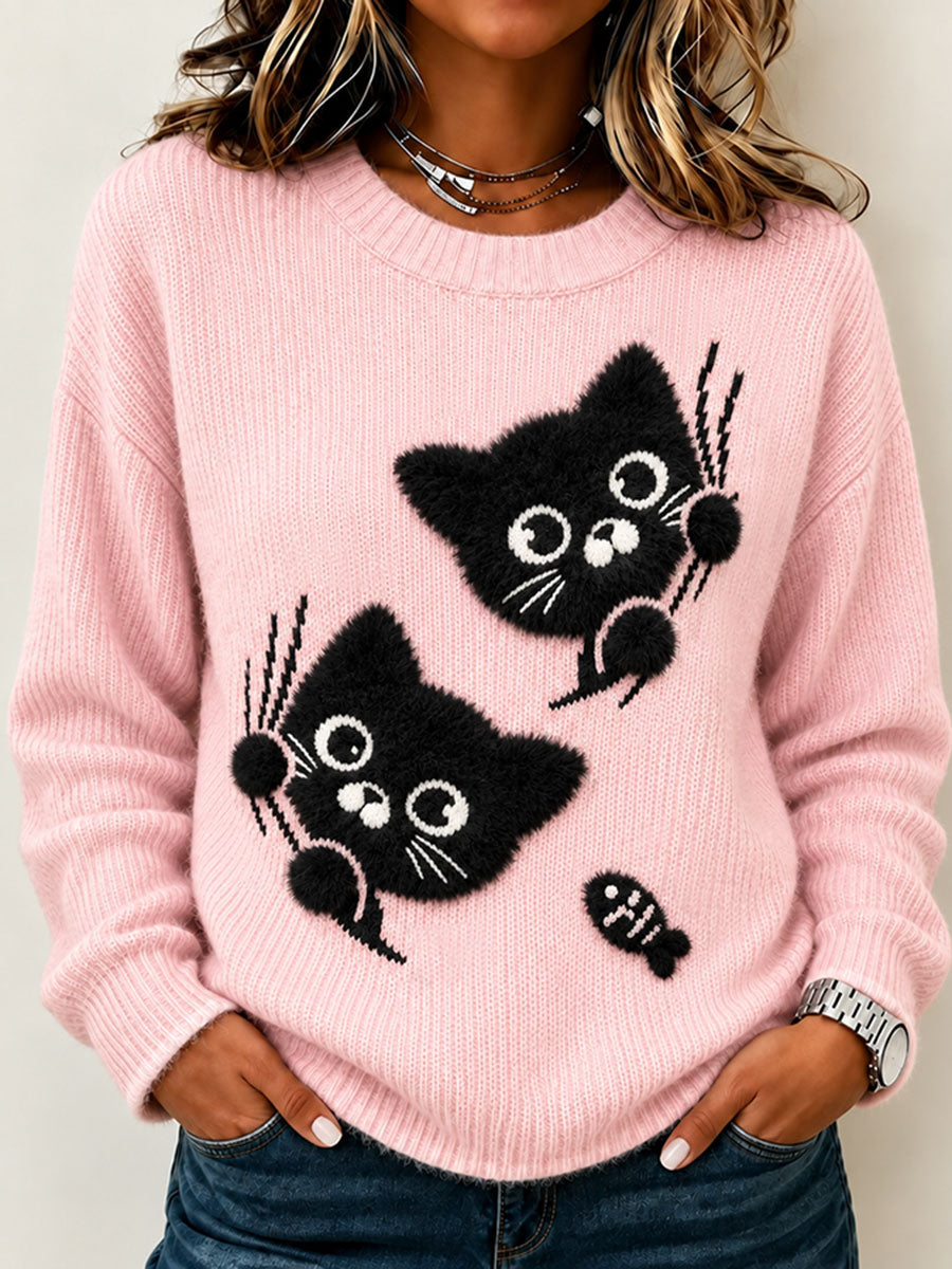Naisten söpö Cat Art miehistö kaula Sweater: