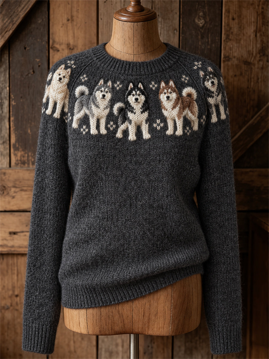 Naisten vintage-huipputakki Husky Dogs Yoke Isle -painatuksella, joustinneulottu neulepusero