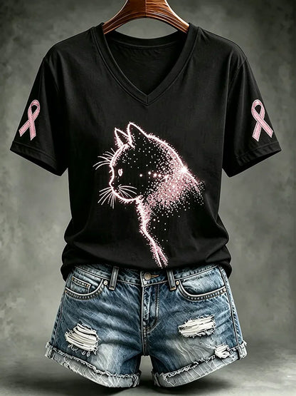 Naisten rintasyöpä tietoisuus Cat Print Short-sleeved T-paita