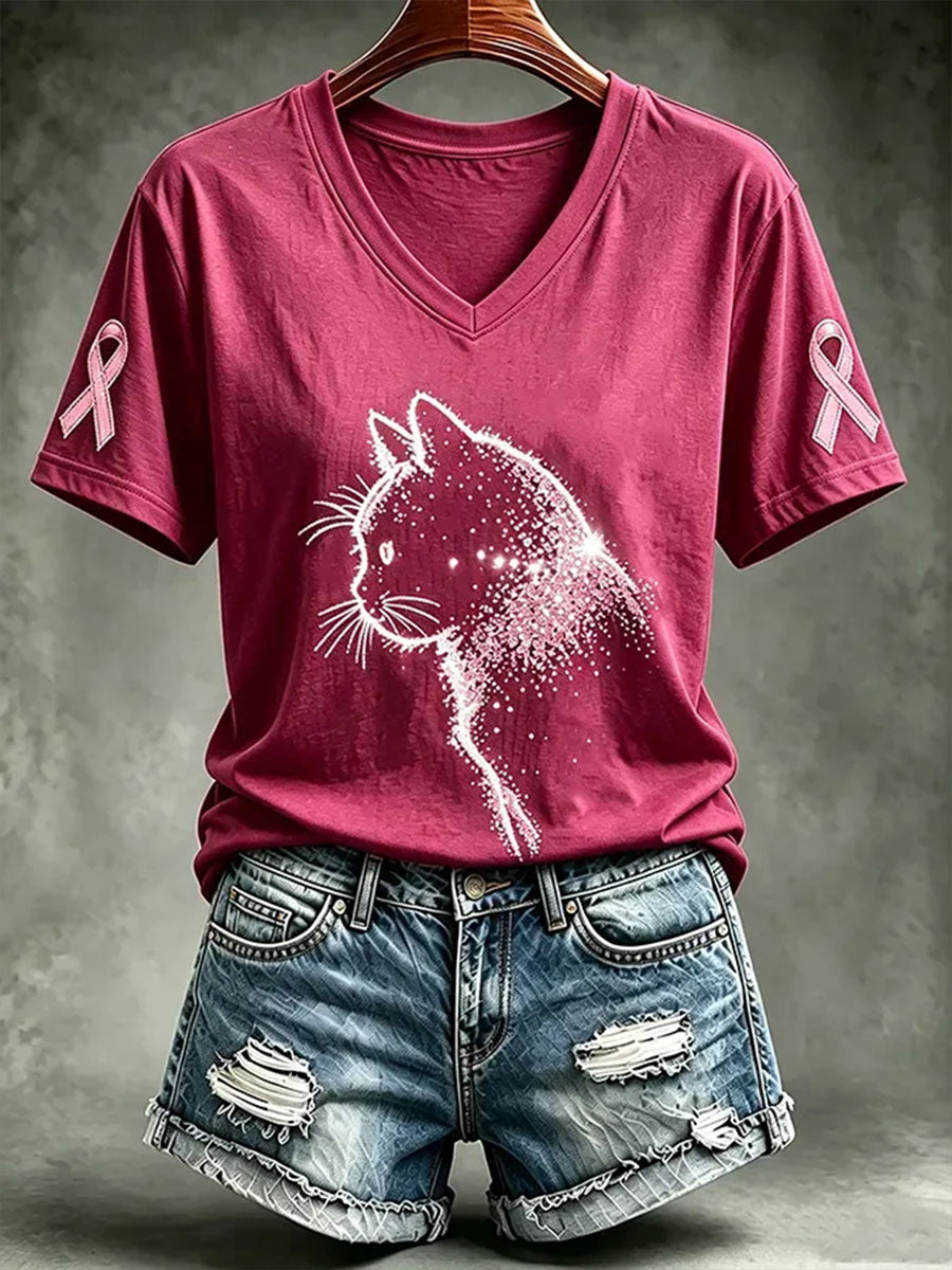 Naisten rintasyöpä tietoisuus Cat Print Short-sleeved T-paita