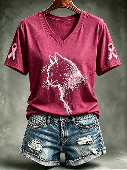 Naisten rintasyöpä tietoisuus Cat Print Short-sleeved T-paita