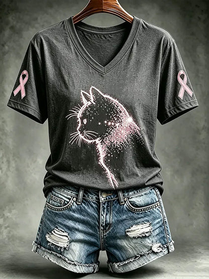 Naisten rintasyöpä tietoisuus Cat Print Short-sleeved T-paita