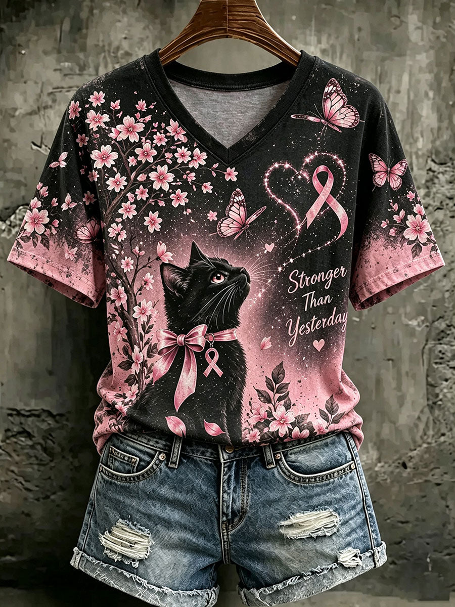 Naisten rintasyöpä tietoisuus Cat Print Casual T-paita