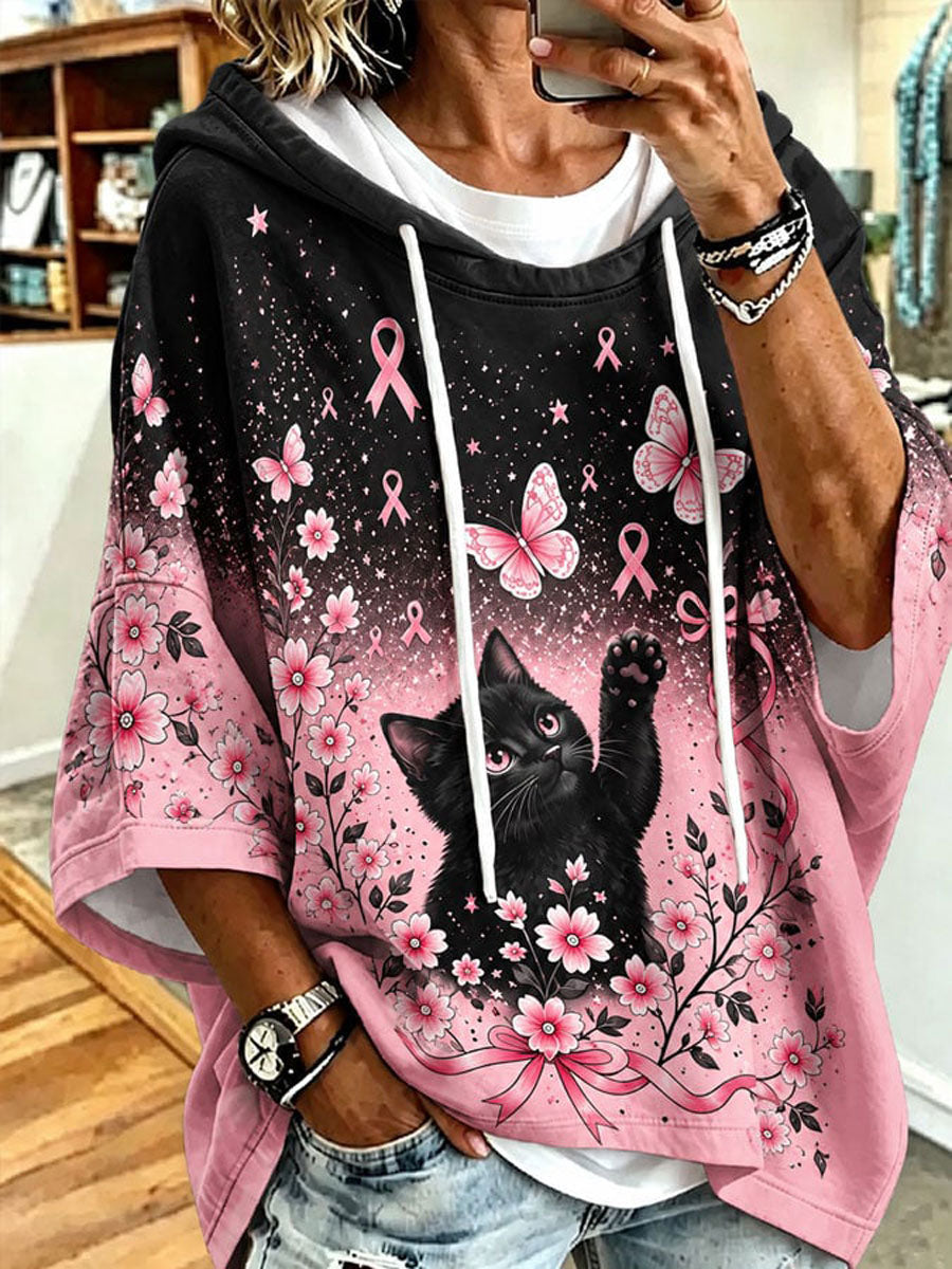 Naisten rintasyöpä tietoisuus Cat Print Casual Hoodie.