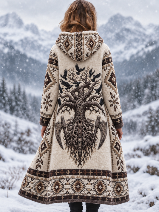 Naisten Vintage Pohjoismainen Viking Puu elämän & Korppi Aztec paksu flanelli takki