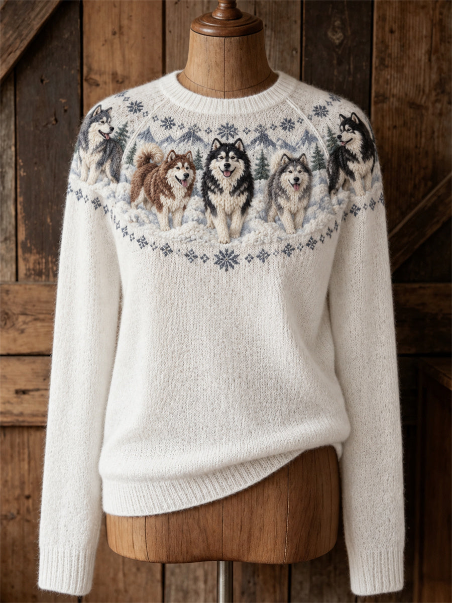 Naisten vintage Alaskan Dogs Yoke Isle -kuosilla varustettu pyöreäkaulainen neulepaita