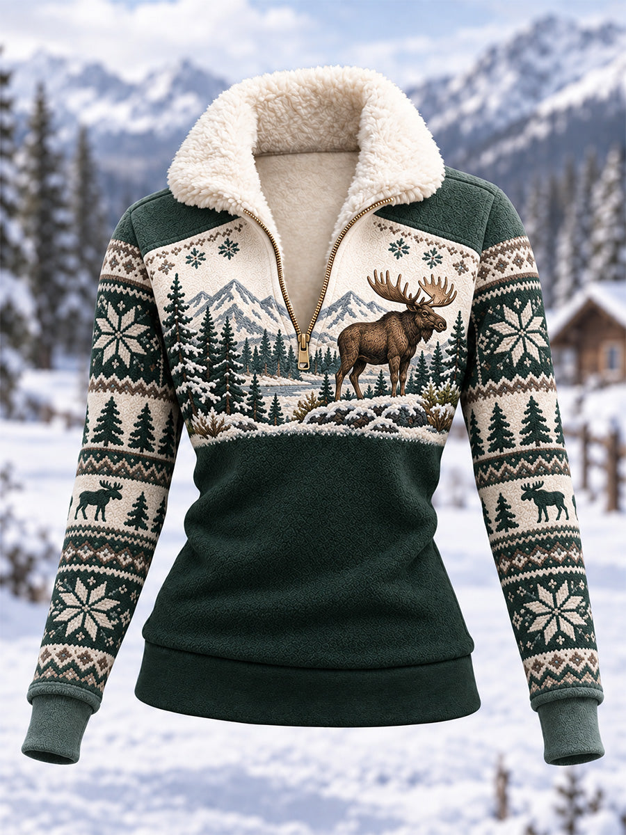 Naisten talvi Moose Print Casual Composite Fleece Huppari