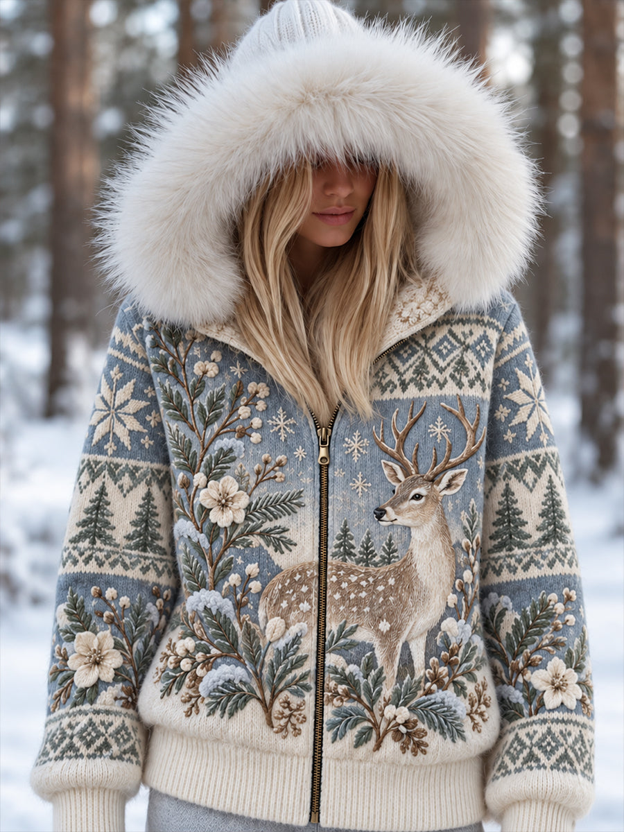 Naisten pohjoismainen metsän eläin Flannel Knit Pitkähiha huppari