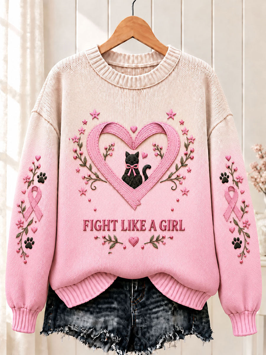Naisten rintasyöpä vaaleanpunainen nauha musta kissa miehistö kaula Sweater.