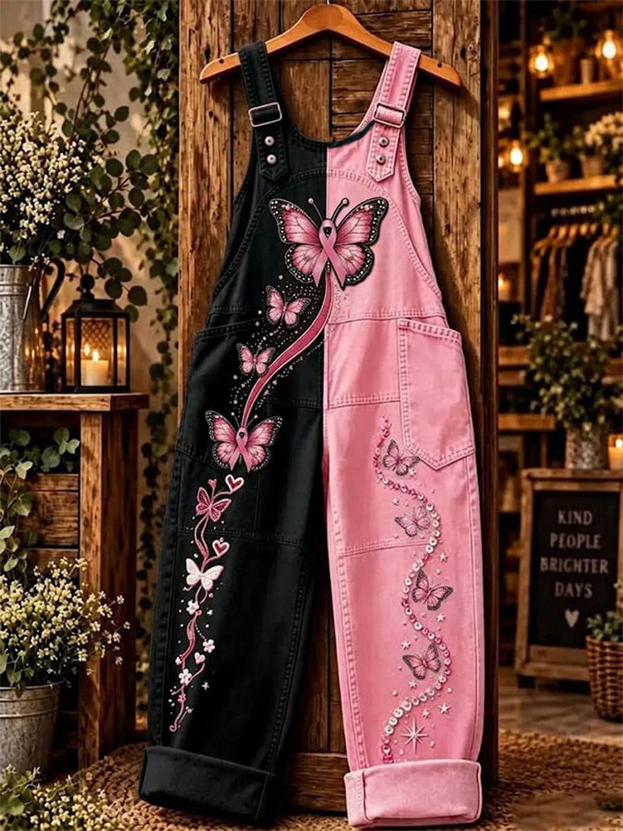 Naisten rintasyövän tietoisuus Butterfly Print Denim Jumpsuit.