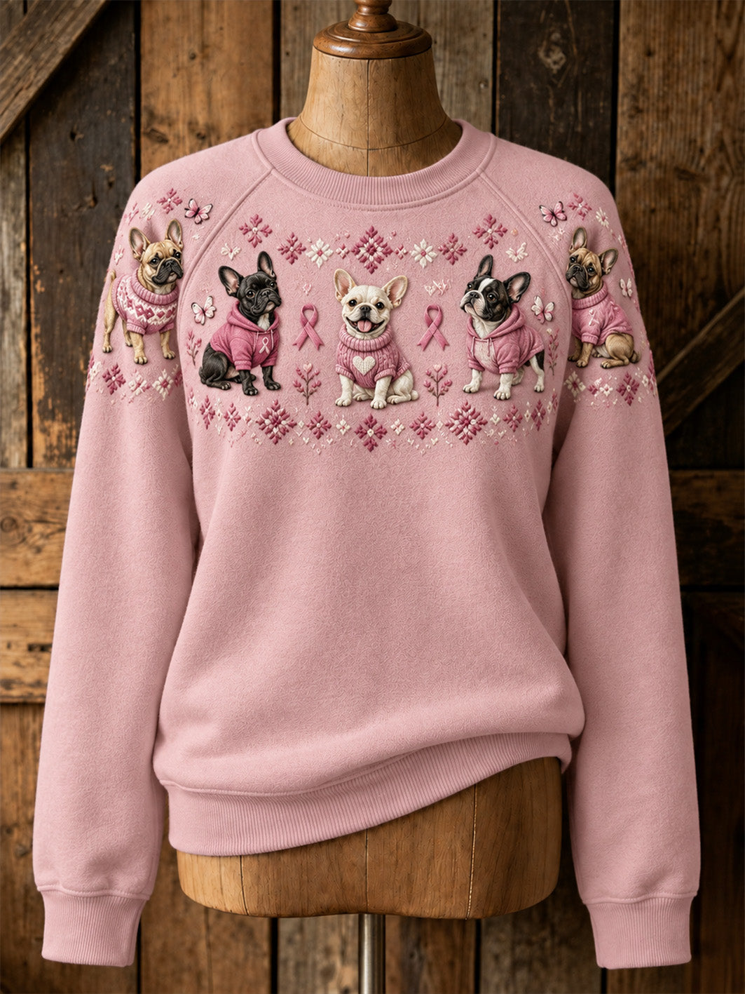 Naisten koiran kuvio ja vaaleanpunainen hyväntekeväisyys Ribbon suunnittelu Raglan hihasen Sweatshirt