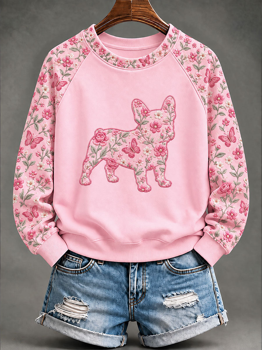 Naisten rintasyöpä Ranskan Bulldog Kukka Print Casual Sweatshirt