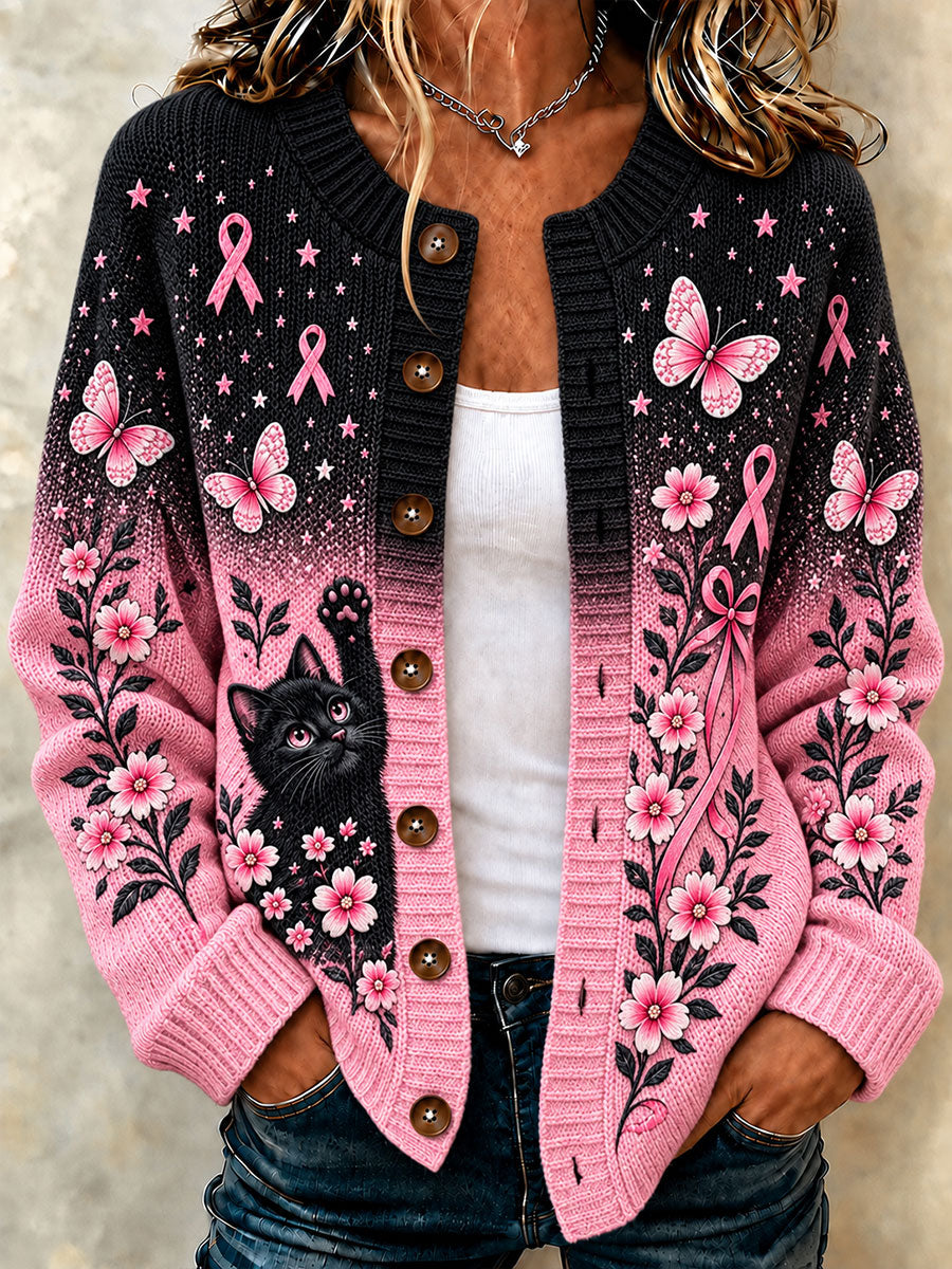 Naisten rintasyöpä tietoisuus Cat Print Casual Cardigana